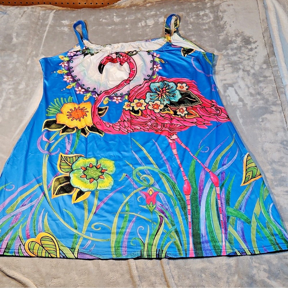 Womens Blue Tropical Flamingo Floral Knit Cami Tank Top Spaghetti Strap 4XL